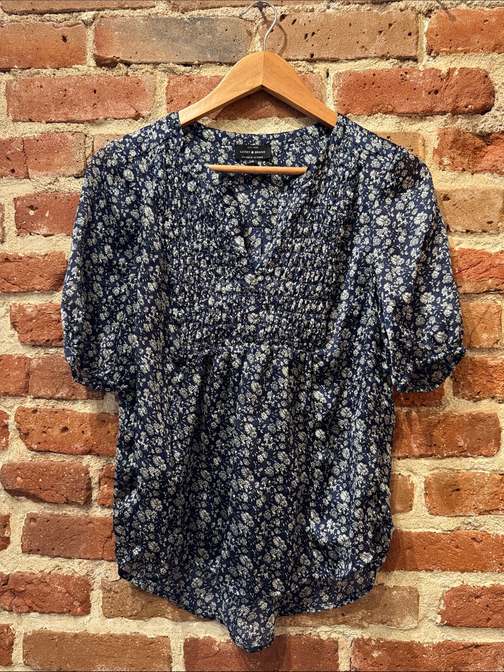 Luck Brand Navy Floral Smocked Peasant Blouse